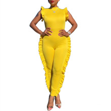 Summer Sexy Formal Ruffles Yellow Bodycon Solid Fashion Women Jumpsuit